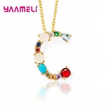 

Korean Stylish 925 Sterling Silver Jewelry Colorful African Crystal Alphabet 26 English A-Z Letters Pendant Necklace Female Gift