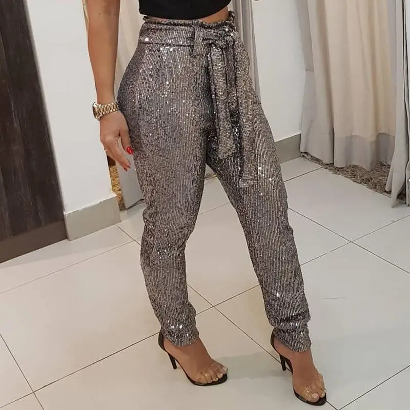 

Sashes High Waist Sequined Pants Women Elegant Shinny Skinny Pencil Party Pants Sexy Glitter Sequin Wrap Waist Long Trousers