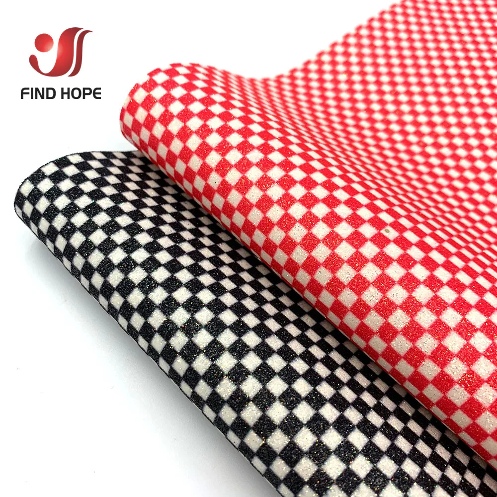 Sheet/Roll Black White Plaid Fine Glitter Printed Faux Leather Sparkly Sewing Fabric DIY Brooch Bows Earring Handcraft Material