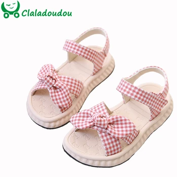

13.5-19CM Girls Sandals Grid Denim Butterfly-knot Toddler Sandals For Summer Black Pink Soft EVA Princess Dress Shoes For Child
