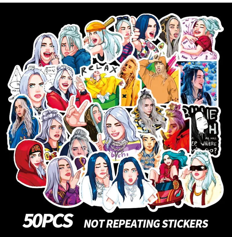 50 шт./упак. Billie Eilish певица американская драма Стикеры s из ПВХ в стиле «граффити» Стикеры s чемодан гитары автомобиля Стикеры s Водонепроницаемый Стикеры