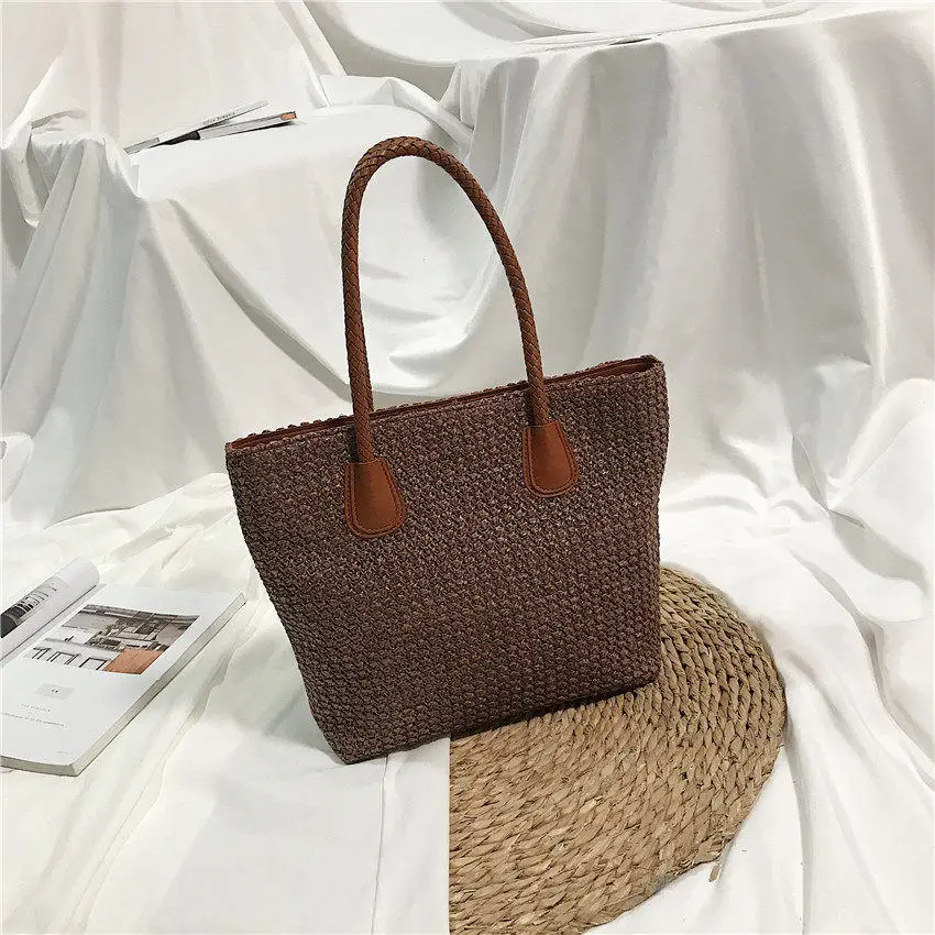 Модная плетеная женская сумка из ротанга, летняя пляжная сумка, Большая вместительная сумка, ручная работа, вязаная соломенная сумка через плечо для женщин - Цвет: Coffee2