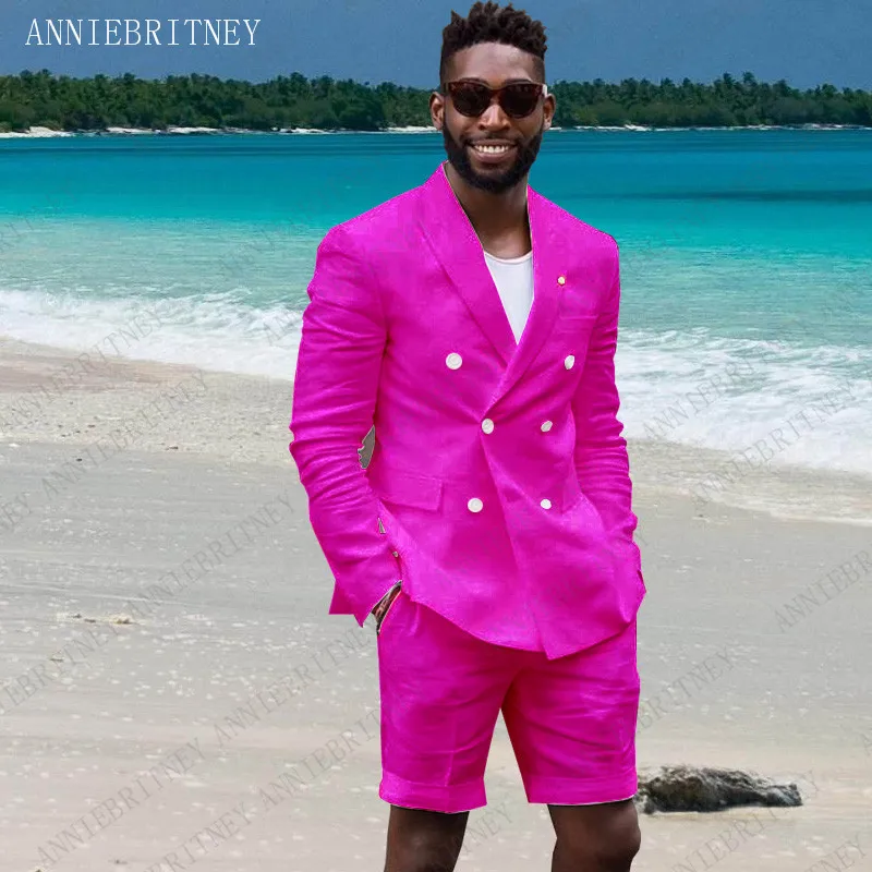Новейший дизайн пальто брюки цвета слоновой кости белый льняной пляжный мужской костюм короткие брюки Slim Fit 2 шт. смокинг на заказ Жених Блейзер Terno Masculino - Цвет: Hot Pink