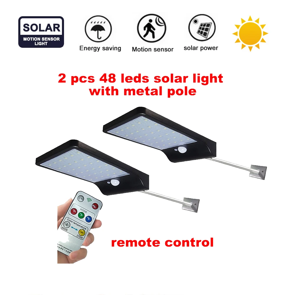 

2/4pcs 48 LED Solar Wall Lamp Radar Wave Induction Lighting With 3 Working Modes Remote Control IP65 Waterproof Street Light sec