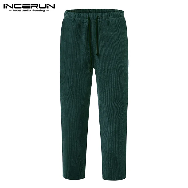 INCERUN, зимние мужские вельветовые брюки, уличная одежда, джоггеры, одноцветные,, шнурок, винтажные свободные брюки, мужские повседневные длинные штаны, S-5XL 7 - Цвет: Green Pants