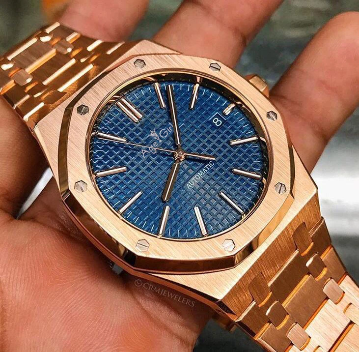 

Luxury Brand New Men Stainless Steel Bracelet Rose Gold Black Blue Automatic Mechanical Sapphire Glass Back Sport Watches AAA+