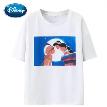 

Disney Aladdin Princess Jasmine Cartoon Print White T-Shirt O-Neck Pullover Casual Sweet Women Short Sleeve Loose Tee Tops