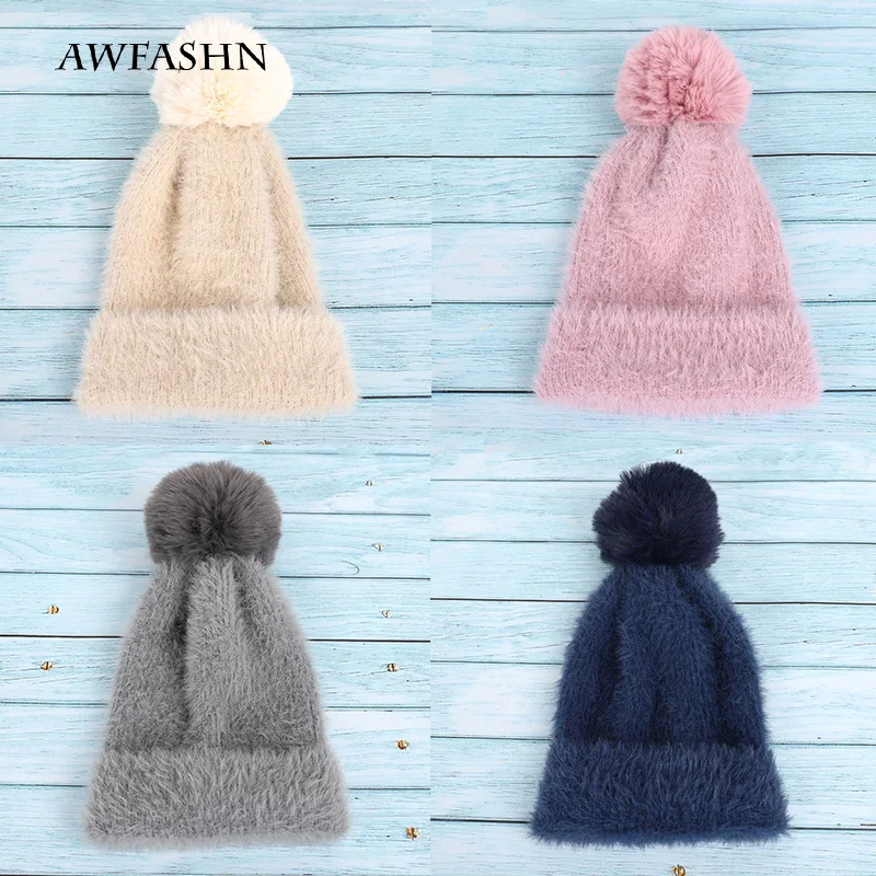 

Fashion Lady Angora Wool Knit Beanies Hat Solid Color pom-pom Pinter Woman Hat Soft Warm Plush Slouchy High Quality Skullies new