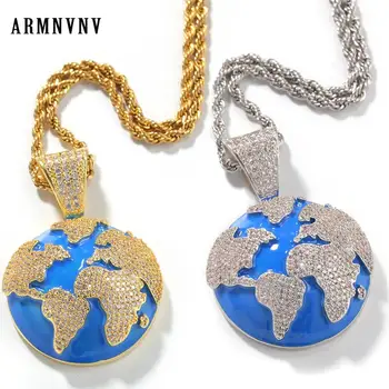 

ARMNVNV European Zircon Planet Map Earth Blue Pendant Necklaces Long Chain For Men Women Travel World Jewelry Gift