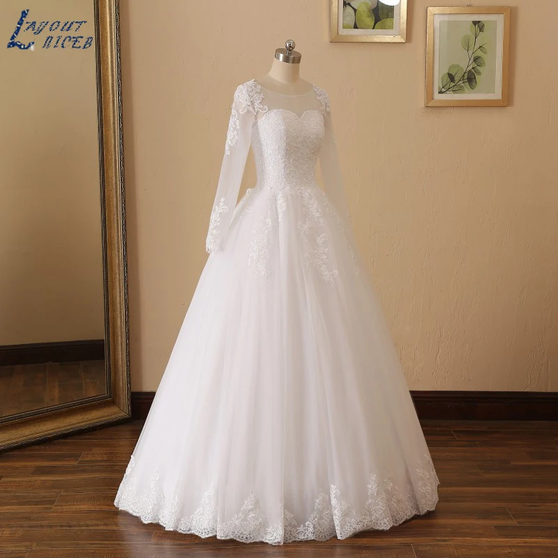 YQS020 Robe De Mariee кружевное свадебное платье трапециевидной формы с длинными рукавами свадебное платье на молнии с круглым вырезом на заказ
