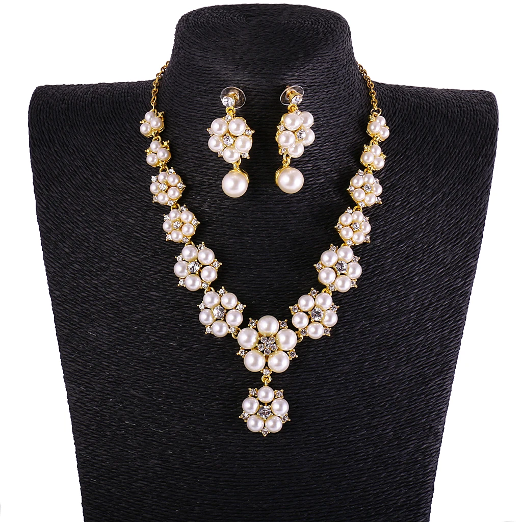 Rhinestone Pearl Floral Necklace Earrings Set Wedding Bridal Jewelry