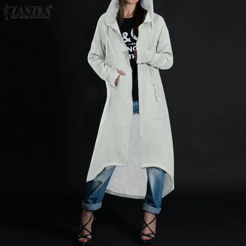 ZANZEA/Большие размеры, женские толстовки с капюшоном, женские толстовки на молнии, длинные с капюшоном, осень-зима, Толстовка С Карманами Асимметричная верхняя одежда