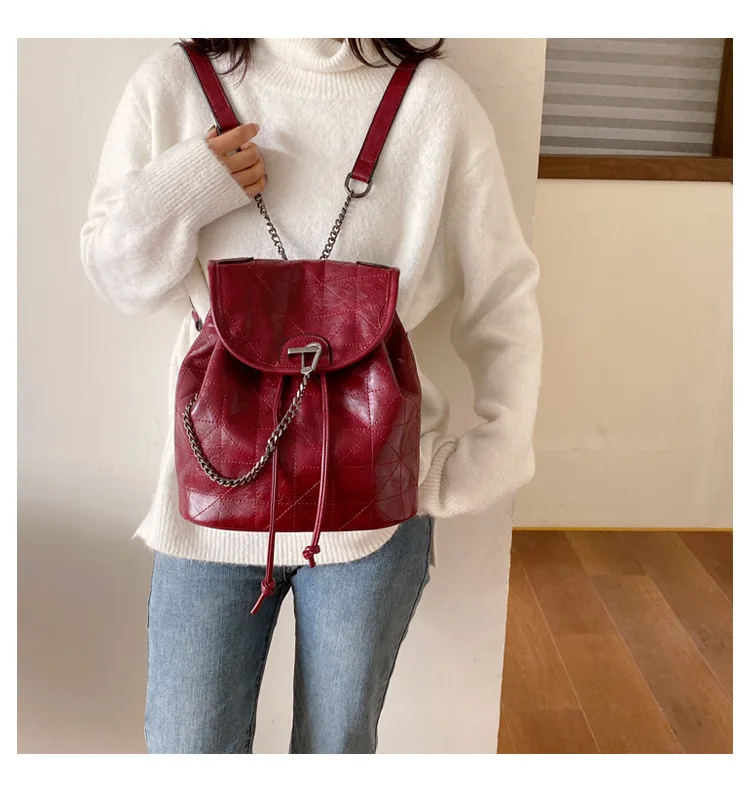 Women's Fashion Soft Leather Backpack With Chain Female Large Capacity Geometric Backpack Purse Girls Travel Bags Black Wine red (9)