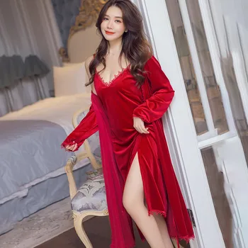 

Winter Gold Velvet 4 Pieces Women's Sets Warm Pajama Sets Ladies Spring Autumn Sexy Lace Sleepwear Sleep Lounge Female Nightwear
