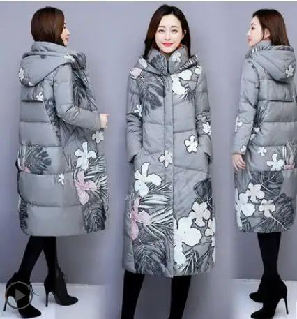Women warm cotton jacket small fresh long cotton print coat with hood winter jacket womens slim long sleeve parka Overcoat G83 - Цвет: gray