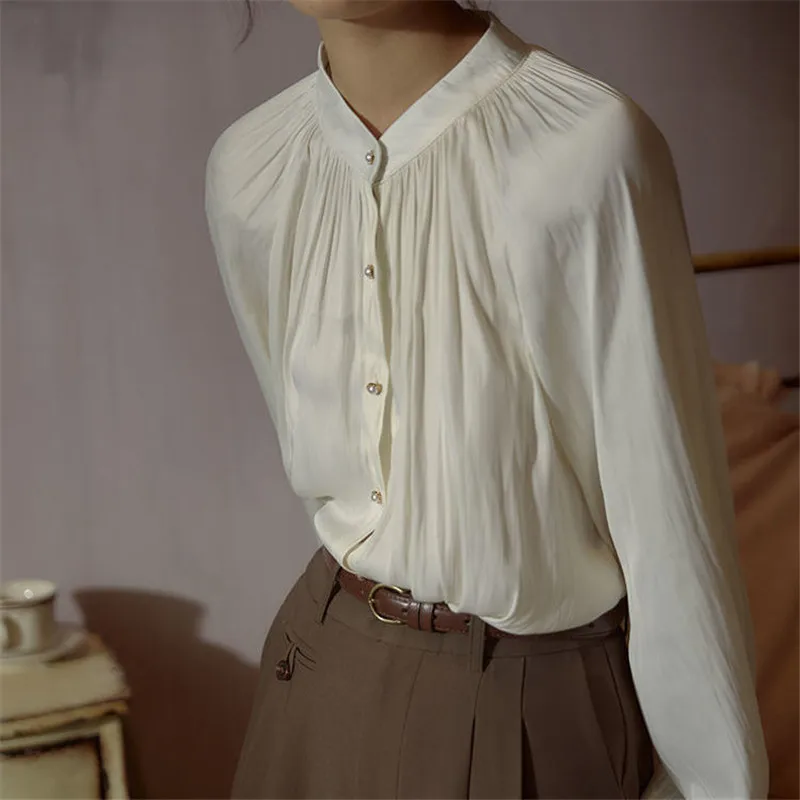 Women Blouse Shirt White Lantern Sleeve Vintage Pleated Satin Shirt Summer Autumn Long Sleeve Shirt Loose Office Ladies Tops 4