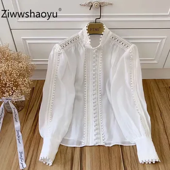 

Ziwwshaoyu New Spring Summer Cotton Lantern Sleeve Single-Breasted Hollow Embroidery High Quality White Blouse Shirt Women's
