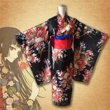 Японское традиционное кимоно платье аниме Hell girl Косплей Костюм Obi Haori винтажный цветочный халат сценическая нарядная одежда Хэллоуин Темный