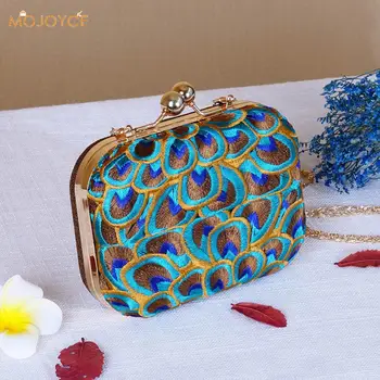 

Vintage Ethnic Peafowl Women Clutch Purses Dinner Handbag Evening Bag Canvas Chain Wedding Handbag Party Bolsos De Fiesta Mujer