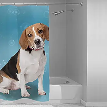 

Dog Lover Beagle Bathroom Shower Curtain Bubble Blue Background Waterproof Polyester Fabric Bath Curtain with 12 Hooks,36x72