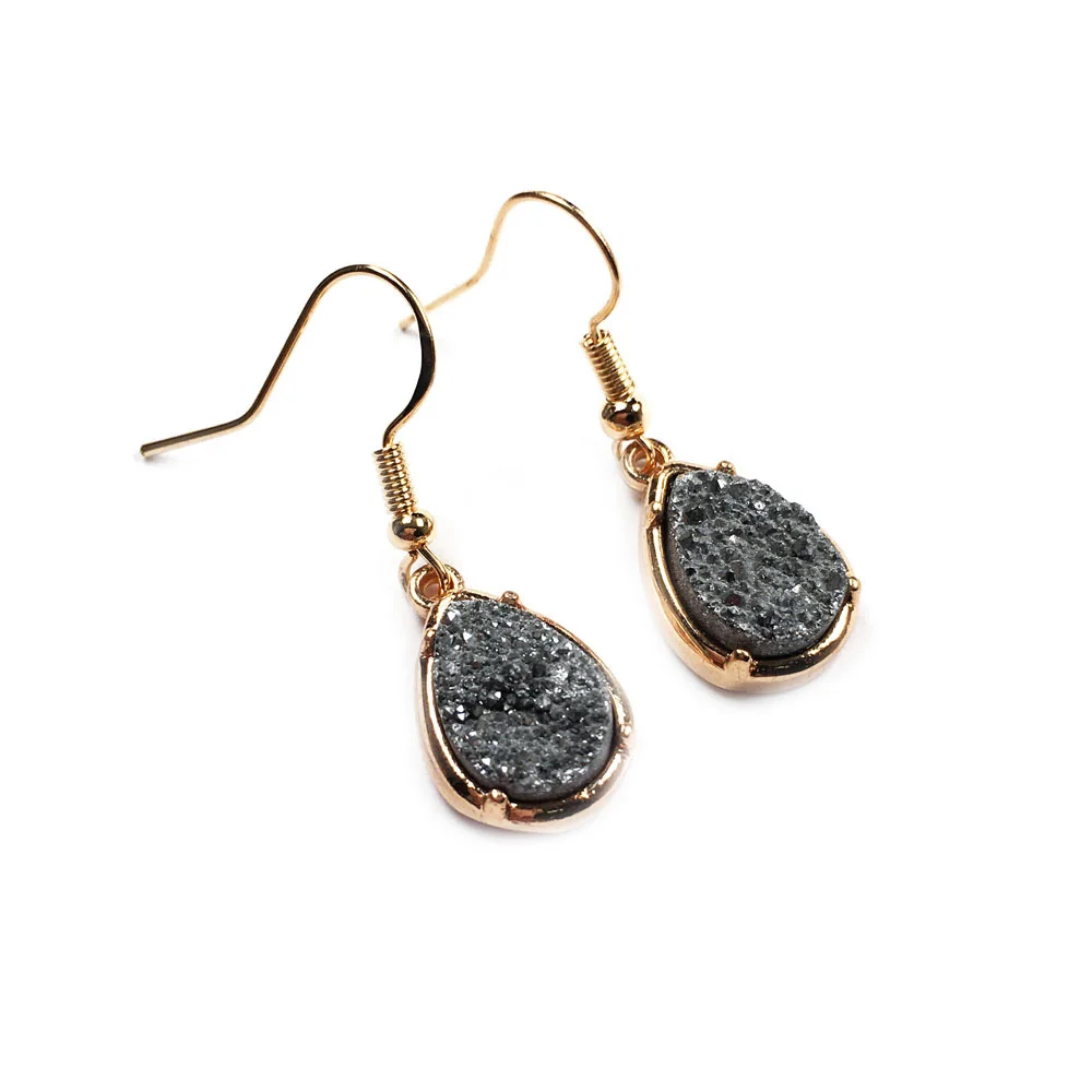 

2019 New Women Nature Stone Earrings Stud Exquisite Jewelry Handmade long drop shape gray crystal cluster Stone Earring