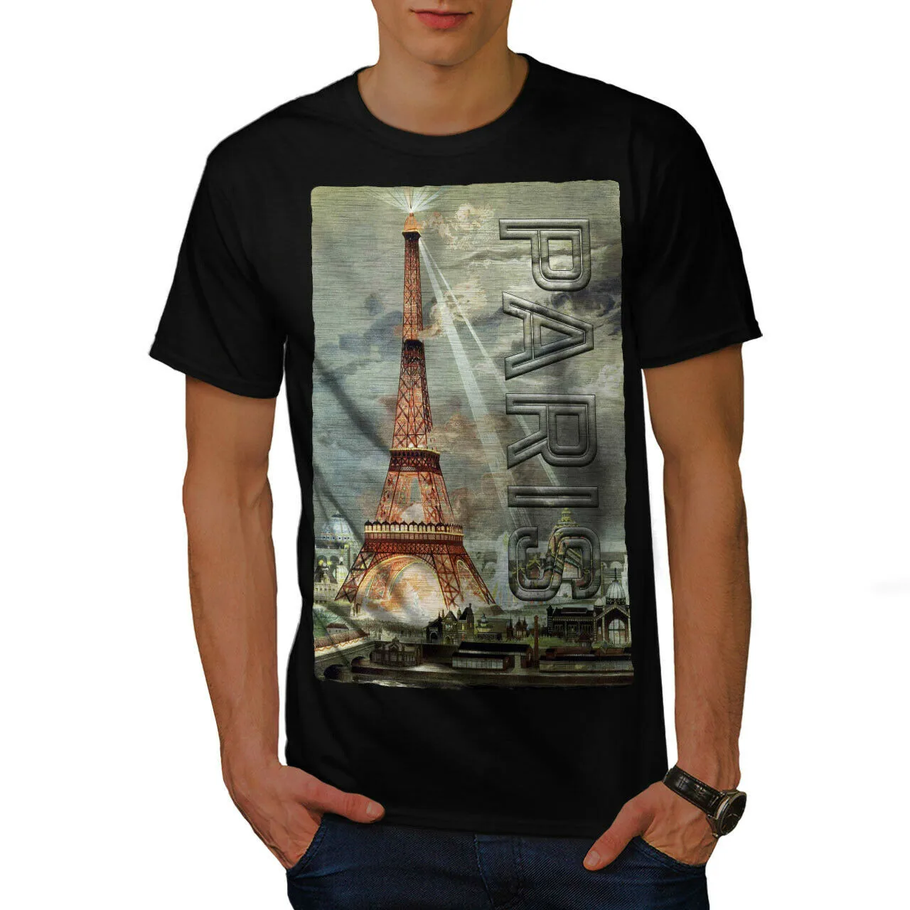 

Paris Urban Landmark Landscape Graphic Design Printed T-Shirt. Summer Cotton Short Sleeve O-Neck Men's T Shirt New S-3XL