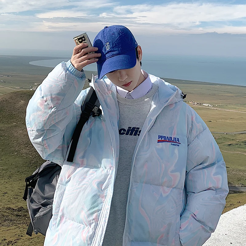 

2021 Winter Original Blue Overseas Scenery Salt Series Laser Corrugated Printing Thicken Hooded Couple Coat