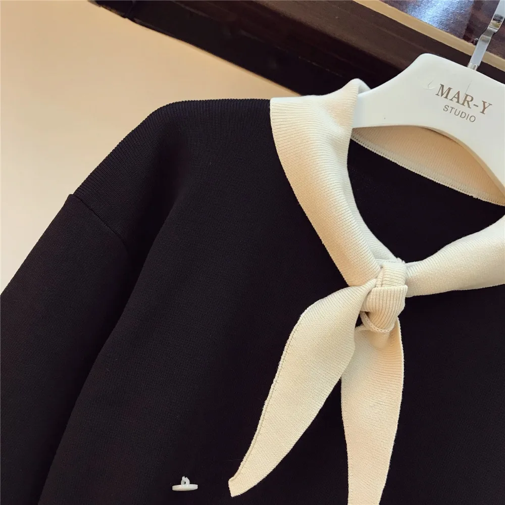 Осенний Женский пуловер с рукавами «летучая мышь» с галстуком-бабочкой+ трикотажная юбка с эластичной резинкой на талии ретро контрастная 2 юбка из кусочков