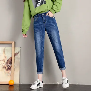 

Harem Straight Daddy Pants All-match Women's Ripped Jeans 2020 High Waist Casual Summer Denim Cowboy Trousers With Dark Blue