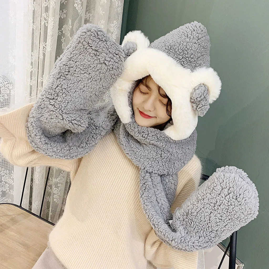 Шапка с ушками, милая плюшевая управляемая подушка безопасности, подарок 3 в 1, женский зимний теплый плюшевый шарф с капюшоном, шарф с ушками, шапка с карманами, толстые перчатки