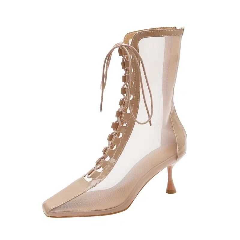 black mesh lace up booties