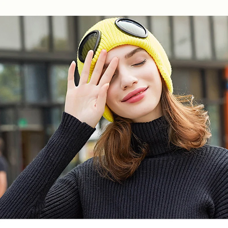SYi Qarce зимняя вязаная шапка s Skullies Beanies, шапка для женщин, Двойная съемная Кепка для очков, уличные универсальные вязаные наушники, шапка