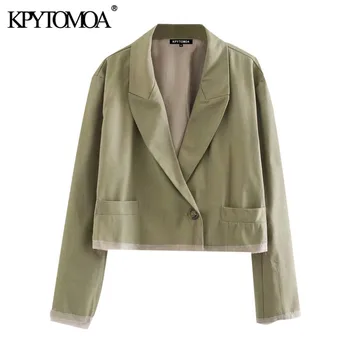 

KPYTOMOA Women 2020 Fashion Double Breasted Patchwork Cropped Blazer Coat Vintage Long Sleeve Pockets Female Outerwear Chic Tops