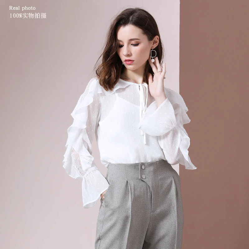 

2020 New Summer Women O-Neck Mesh Ruffled Sleeve Chiffon Shirts Female Fashion Casual Solid Color Stitching Popular Shirts QX52