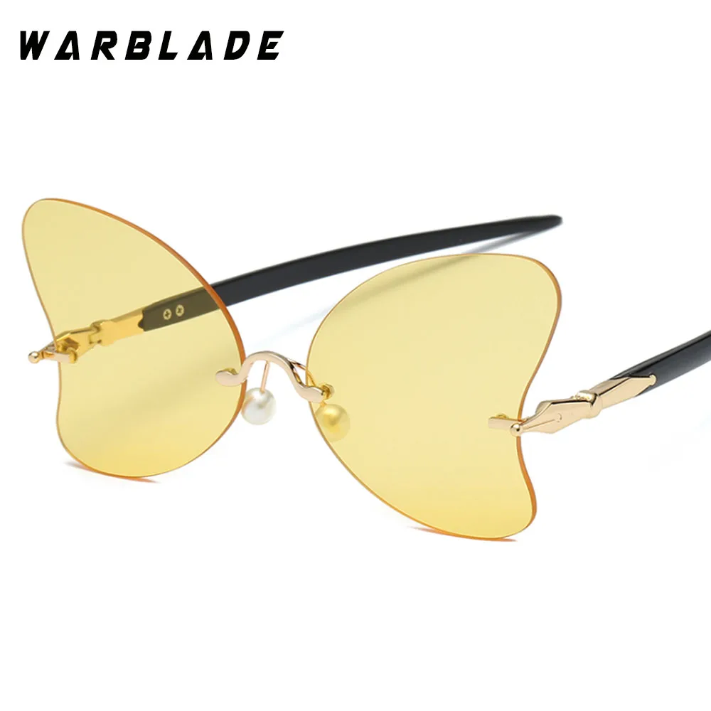 yellow WarBLade Высокое качество бабочка роскошные женские солнцезащитные очки без оправы для очков красный градиент жемчужные держит «любящее сердце» - Цвет линз: yellow