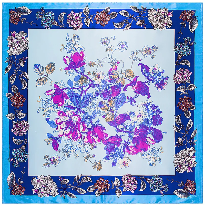 

Lady ACC Woman Scarf 90cm Flowers Plants Silk Scarves Big Neckerchief Collar Springtime Fashion Hair/head Scarf Shawl Muffler