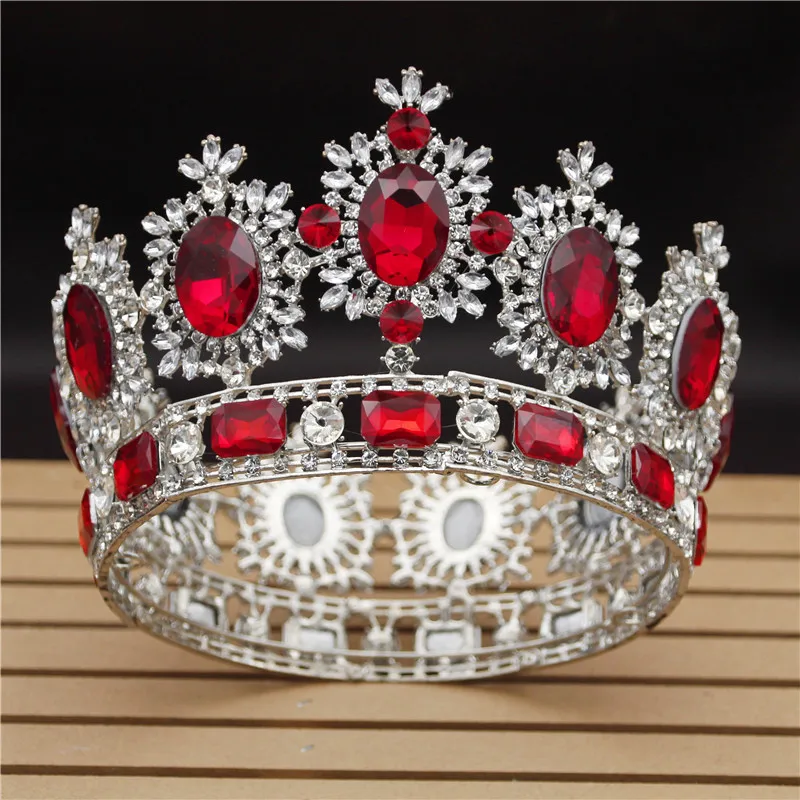Silver Red Винтажная свадебная корона большие Кристальные тиары и короны для королевы головной убор невесты пышные украшения для волос аксессуары - Окраска металла: Silver Red