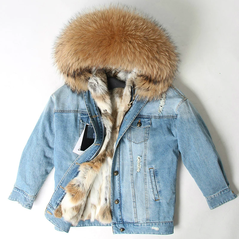 Best OFTBUY 2019 Winter Jacket Women Real Fur Coat Parka Real raccoon collar Rex Rabbit liner striped bomber Denim jacket Streetwear 24
