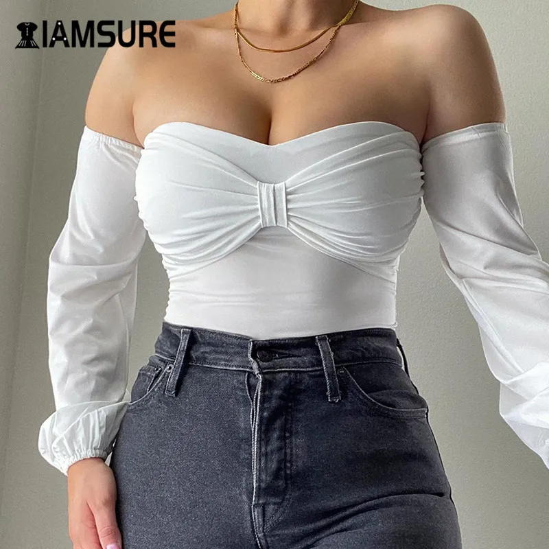 

IAMSURE 2020 Autumn Sexy Slash Neck Bow Tie Tops Tee Streetwear Fashion Long Sleeves Fitness Solid T-Shirt Party Clubwear