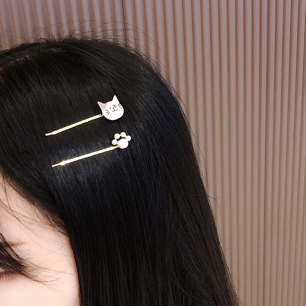 2 шт./набор в форме головы кота заколки-заколки в Корейском стиле металлические заколки-заколки с жемчужинами женские головные уборы для девочек аксессуары для волос