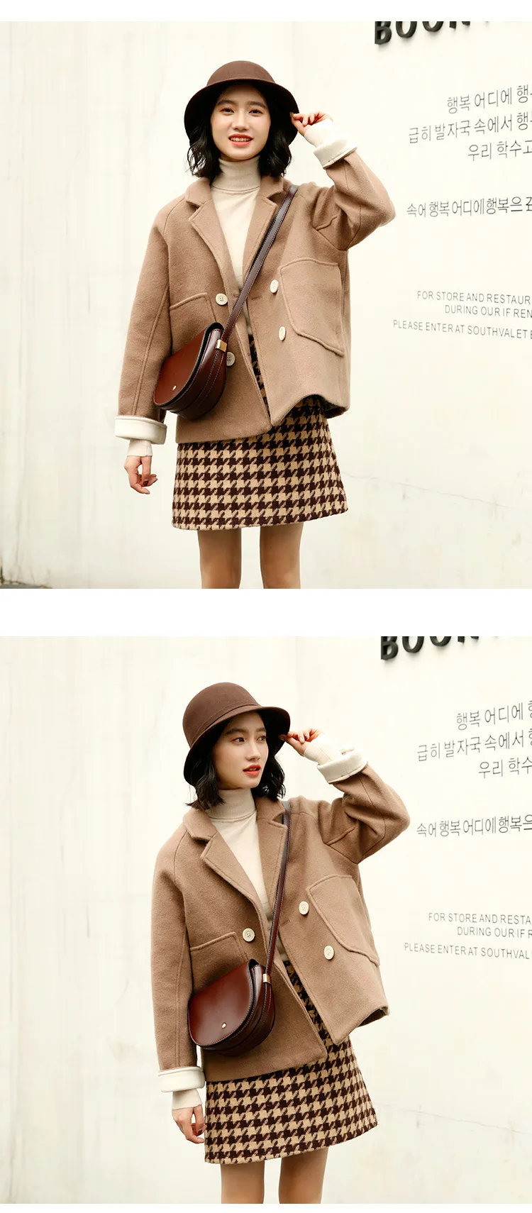 autumn winter Vintage lapel double breasted Wool coat Female loose Woolen coat Keep warm Solid color Woolen jacket FCW077
