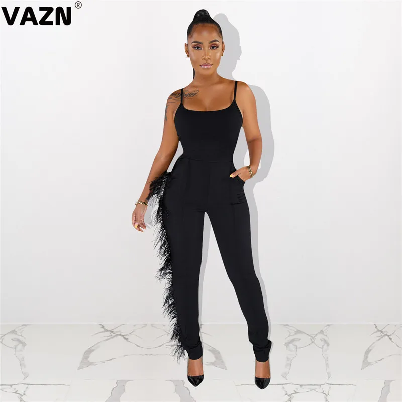 VAZN ME324 Tide Новые Сексуальные женские однотонные длинные штаны длиной до щиколотки с кисточками женские облегающие комбинезоны без рукавов с v-образным вырезом