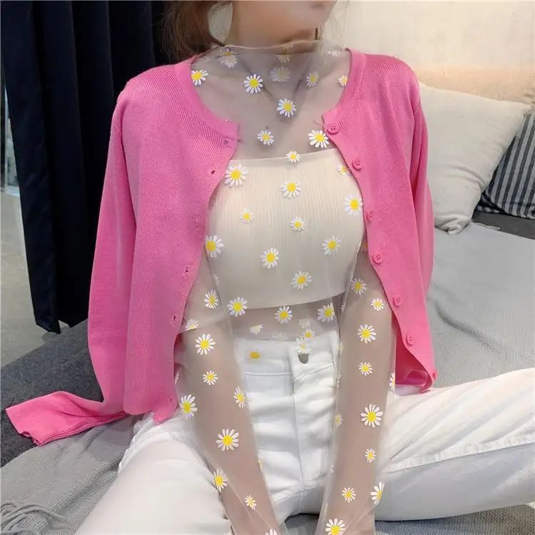 See Through Small chrysanthemum Mesh Gauze Tops Long Sleeve Transparent Sun Protection Ladies Turtleneck summer T-Shirt Top