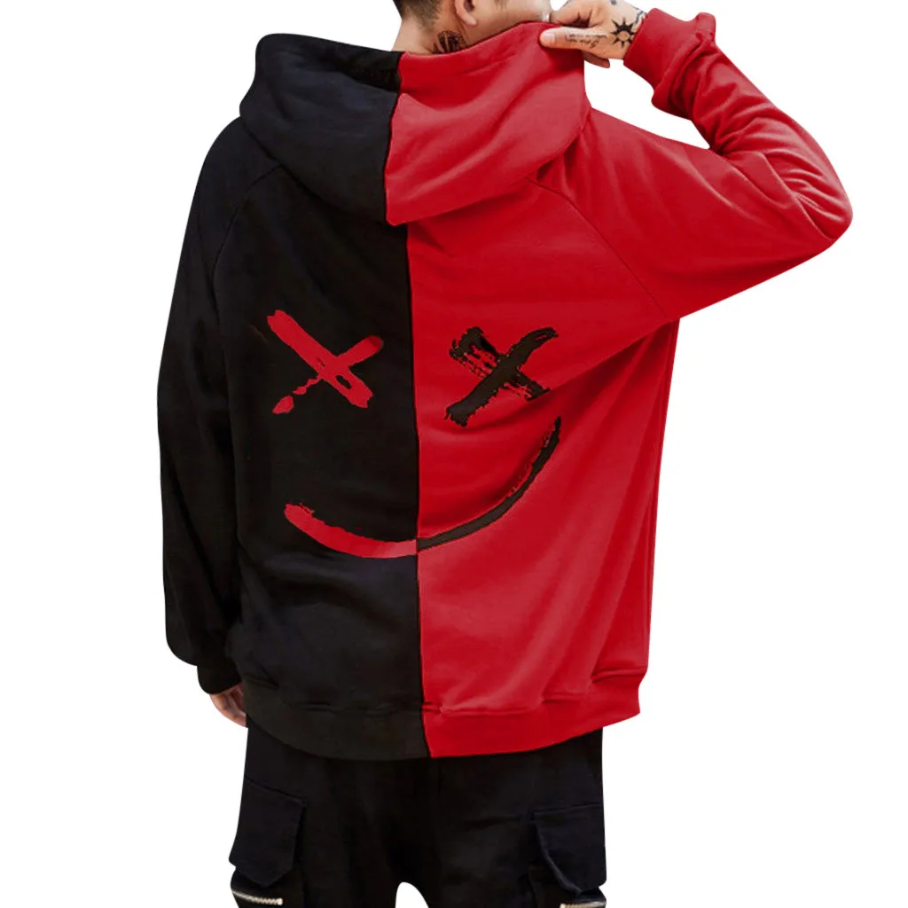 Mens Hoodies Sweatshirt Happy Smiling Face Print Mens Patchwork Hoodies Long Sleeve Hooded Pullover Jumper Sweatshirts Men