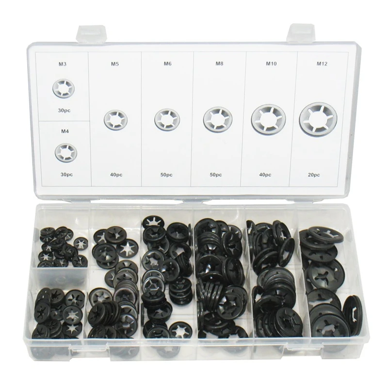 

260Pcs Tooth Starlock Push on Locking Washers Speed Clips Fasteners Assortment Quick Speed Locking Washers