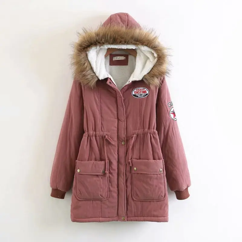 

2018 Winter Thick Warm Coat Large Size Hooded Mid-length Berber Fleece Drawstring Waist Hugging Fur Collar Cotton-padded Clothes