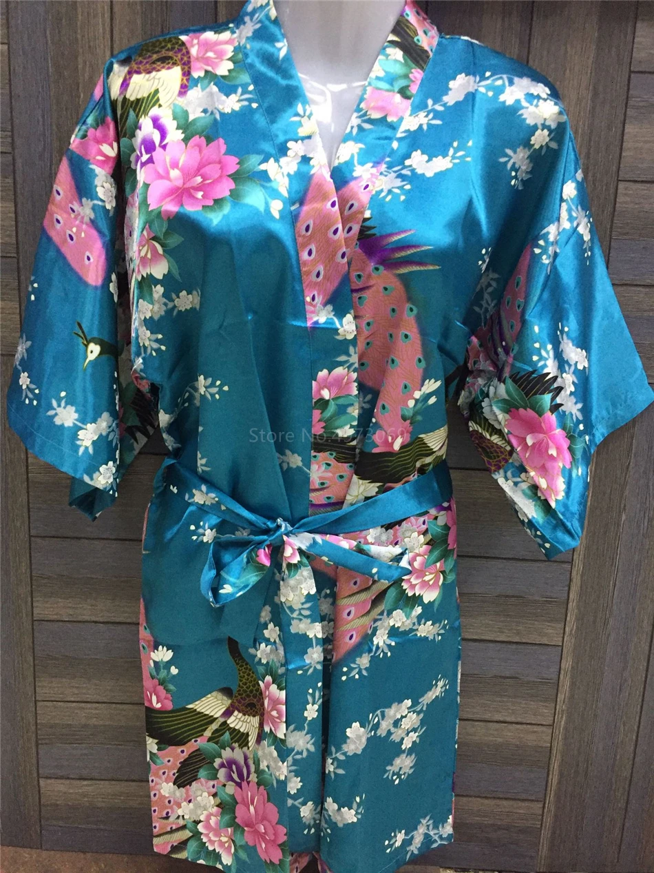 Silk Satin Wedding Bride Japanese Traditional Peacock Bridesmaid Robe Ladies Sleepwear Yukata Kimono Short Dress Nightgown