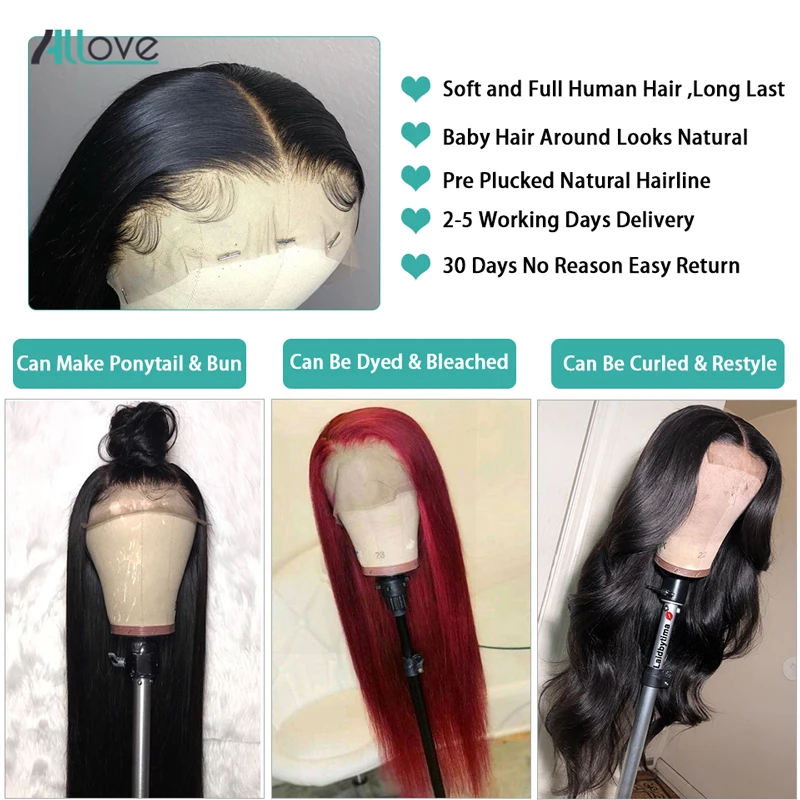 Online Allove pelucas frontales de encaje recto cabello humano Remy 360 peluca Frontal de encaje 13X4 13X6 peluca Frontal de encaje recto brasileño 250 de densidad