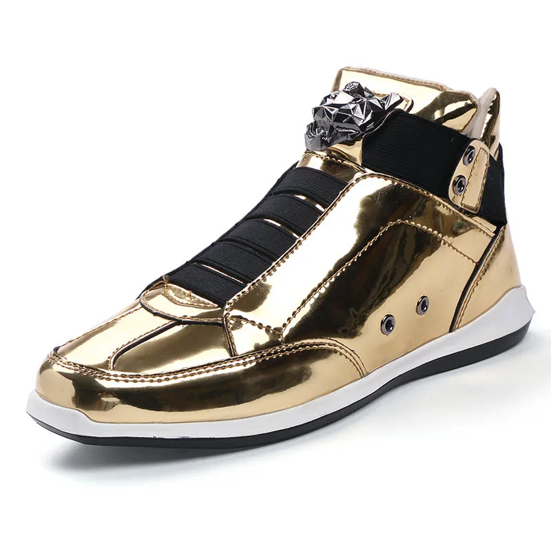

2020 Men Leather Casual Shoes High Top Slip On Sneakers Men Shoes Bling Gold Silver PU Leather Male Shoes Leopard Head Design