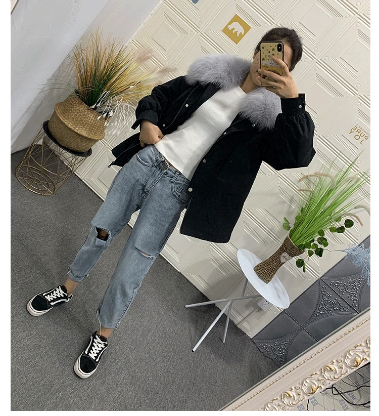 Flash Deal 2019 new Parka Winter Real Fur Coat Jacket Women Natural Fox Fur Collar Detachable Rex Rabbit Liner Loose Outerwear 12